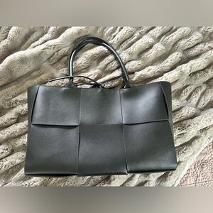 Woven Panel Black Vegan Leather Tote
